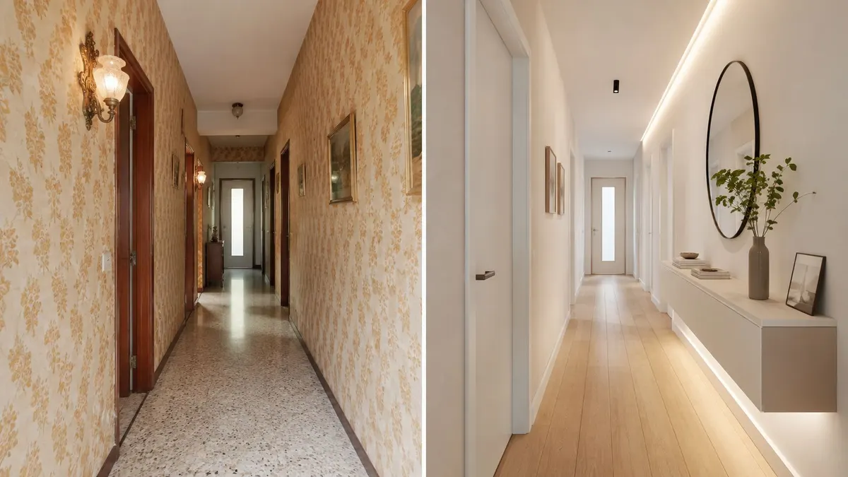 Confronto prima e dopo di un lungo corridoio domestico rinnovato con design moderno, luminoso e minimalista.