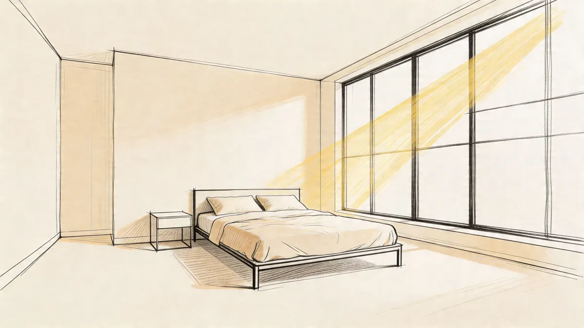 Uno schizzo artistico di una camera da letto minimalista con letto, comodino e ampie vetrate luminose.