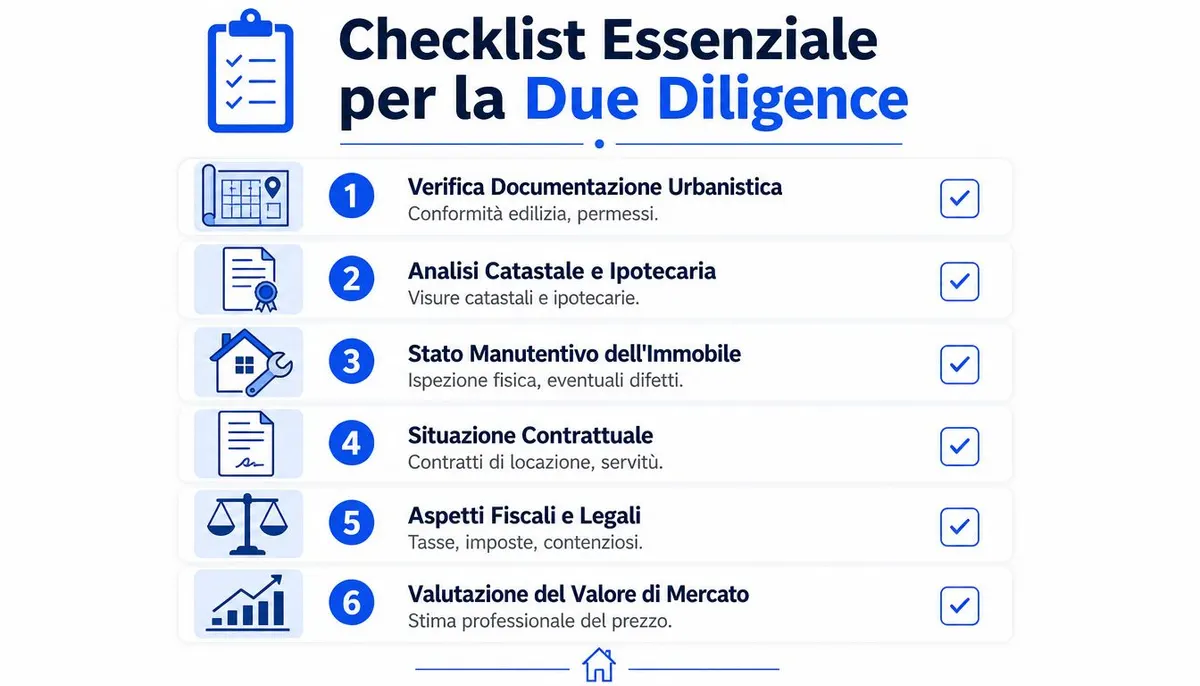 Una checklist di sei punti essenziali per condurre correttamente la due diligence durante un'acquisizione immobiliare professionale.