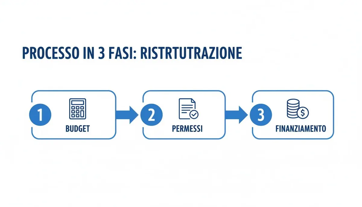 Infografica che illustra il processo di ristrutturazione in 3 fasi: budget, permessi e finanziamento.