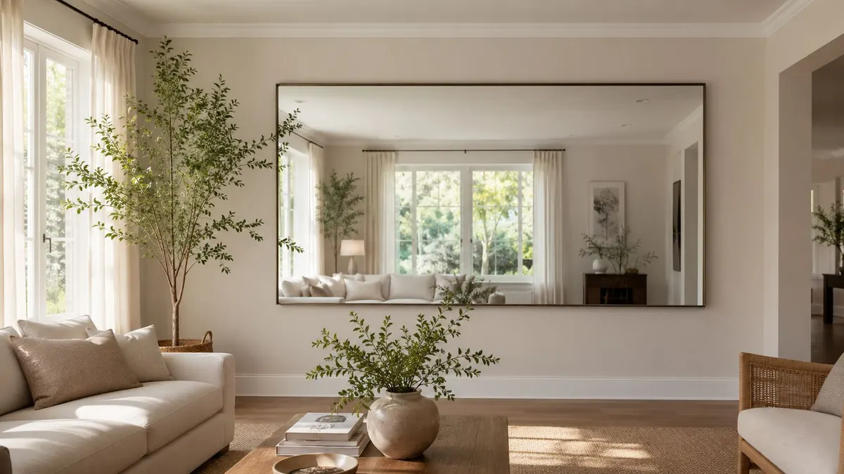 Un luminoso soggiorno moderno con un ampio specchio rettangolare che riflette l'arredamento elegante della stanza circostante.