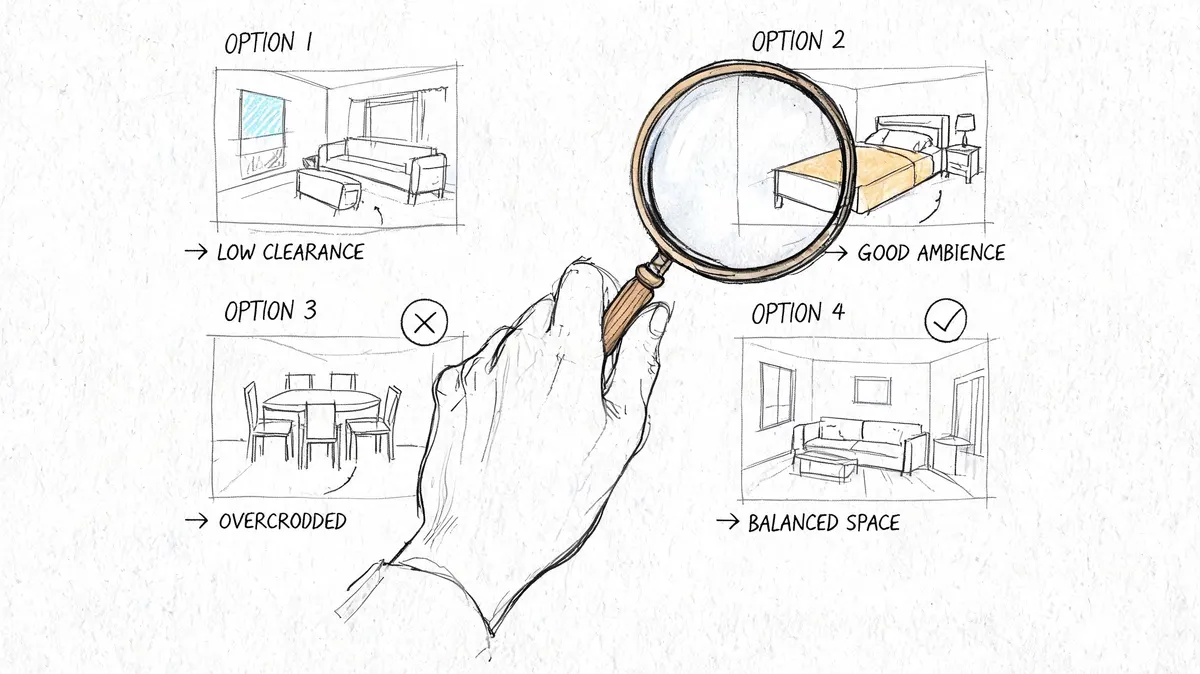 Illustrazione che confronta quattro diverse opzioni di arredamento interni per la casa utilizzando una lente d'ingrandimento.