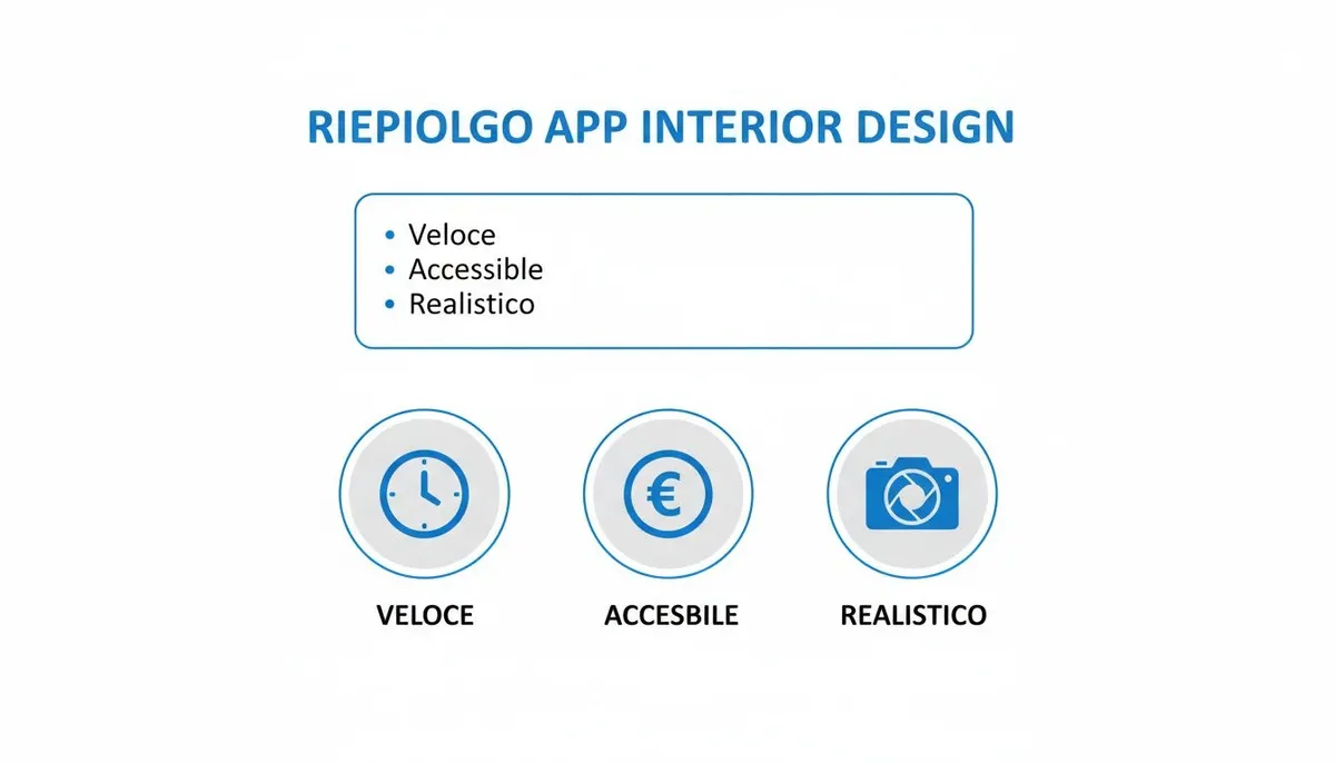 Slide riepilogativa dell'app di interior design che evidenzia le caratteristiche principali: veloce, accessibile e realistico.
