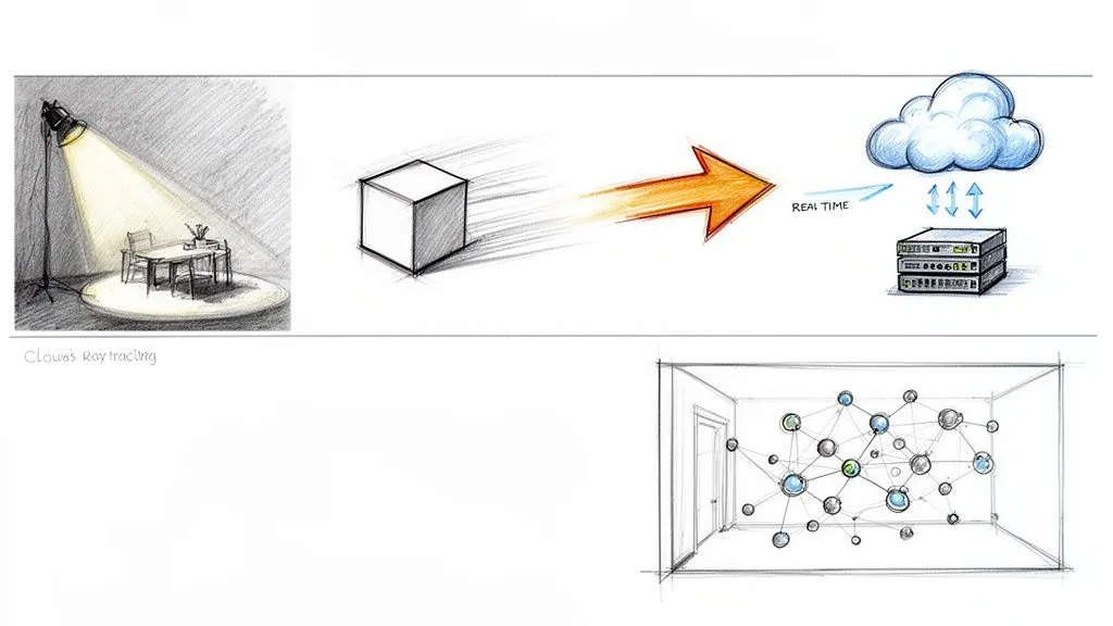 Illustrazione del processo di ray tracing nel cloud, con scene illuminate, elaborazione e rete di nodi.