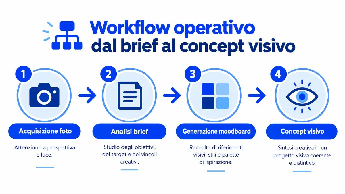Diagramma infografico che illustra il processo operativo per la creazione di un concept visivo dal brief iniziale.