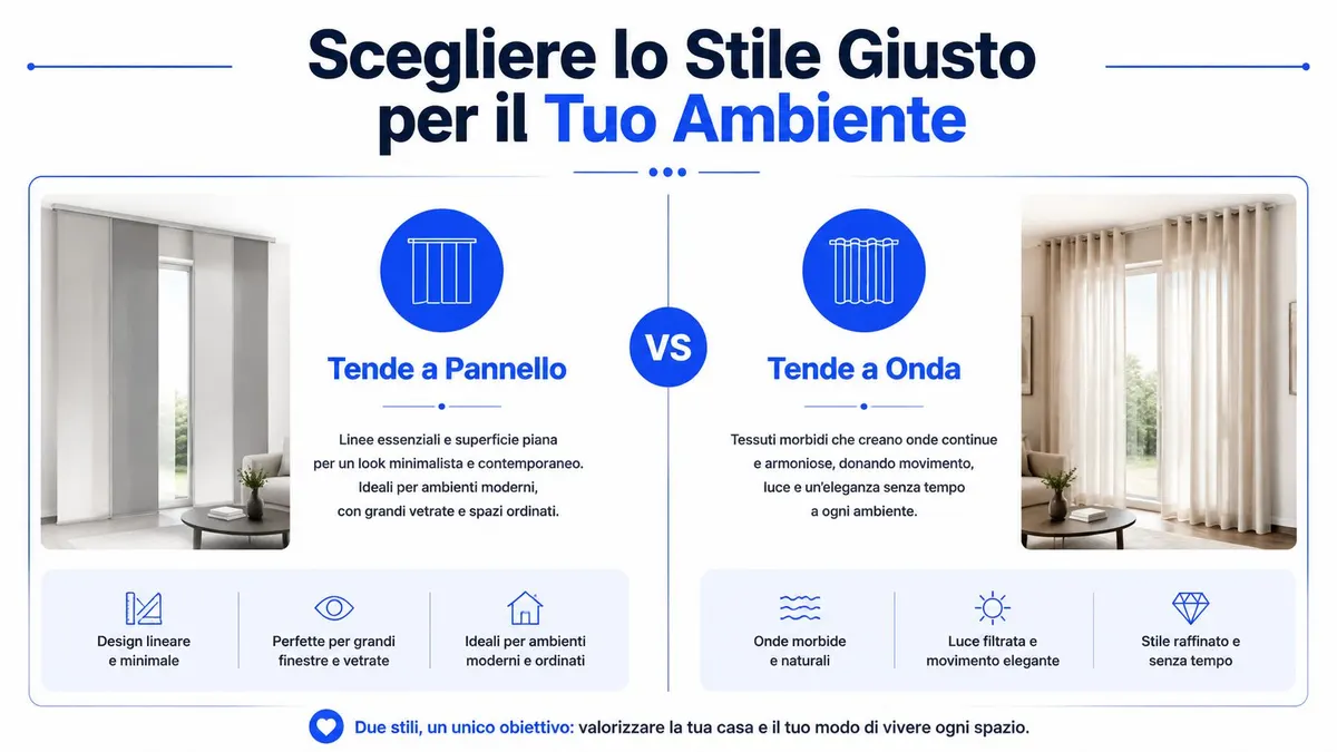 Confronto tra tende a pannello moderne e tende a onda classiche per arredare con stile ogni ambiente.