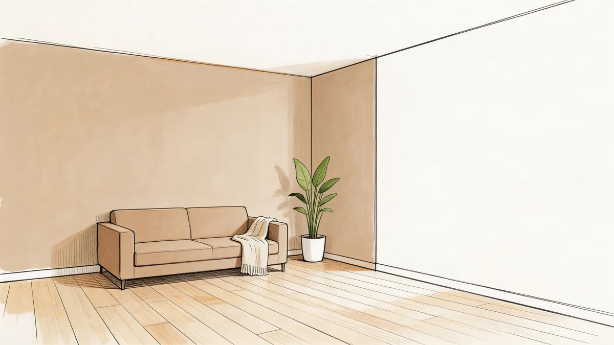 Soggiorno moderno con divano beige e pianta in vaso contro pareti color tortora, stile minimalista elegante.