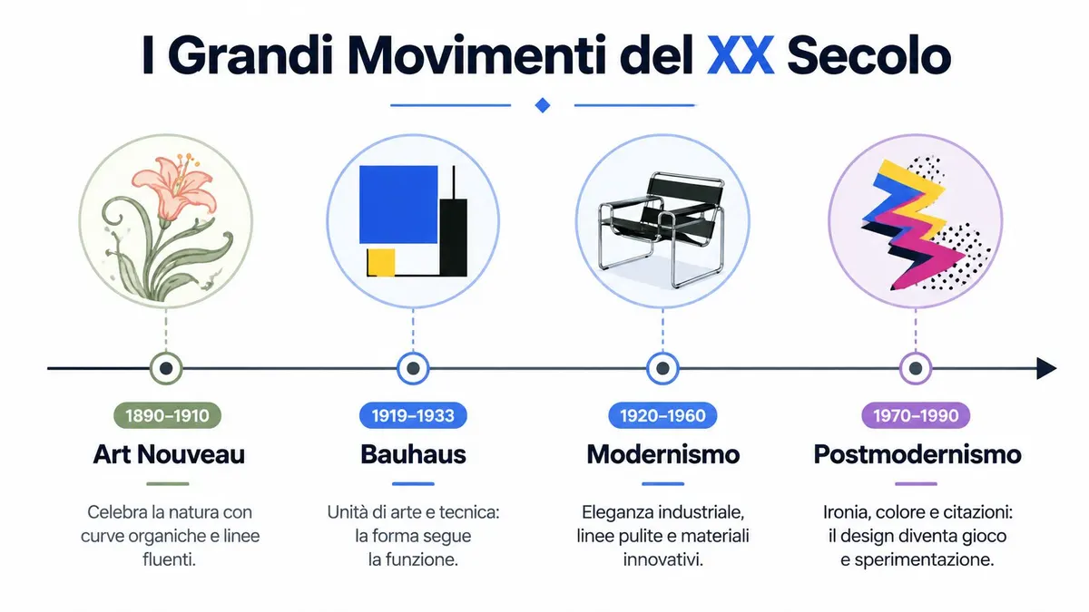 Una linea del tempo illustrata che mostra i movimenti chiave del design del XX secolo, da Art Nouveau a Postmodernismo.