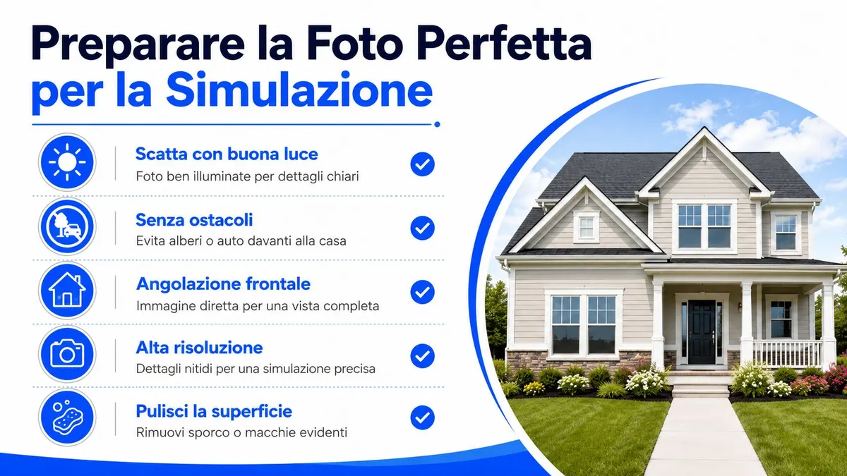 Una infografica che illustra i consigli per scattare la foto perfetta per la simulazione di tinteggiatura esterna.