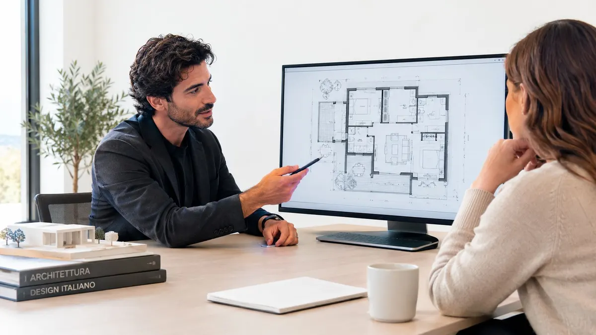 Un architetto mostra un progetto su monitor a una cliente durante una consulenza professionale in ufficio.