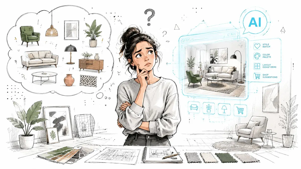Una giovane donna che pianifica l'arredamento di casa utilizzando un'applicazione di design basata sull'intelligenza artificiale.