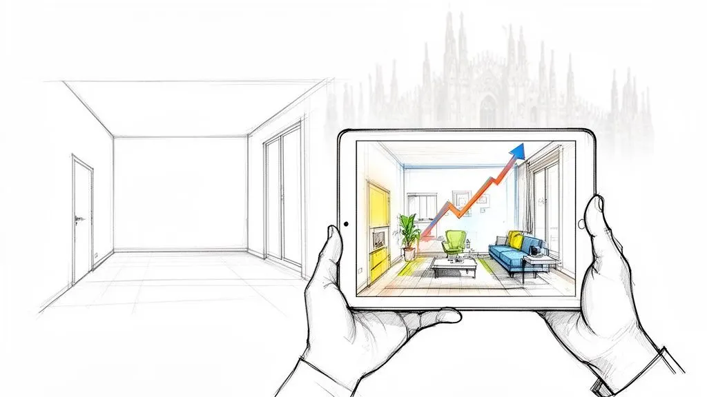 Mani che mostrano un rendering digitale di un interno moderno e arredato su tablet, con grafico in crescita e sfondo urbano.