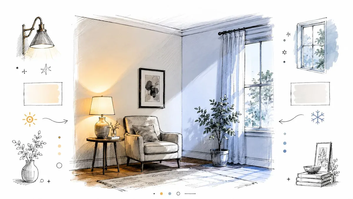Illustrazione architettonica che mette a confronto toni caldi e freddi nell'arredamento di un salotto luminoso