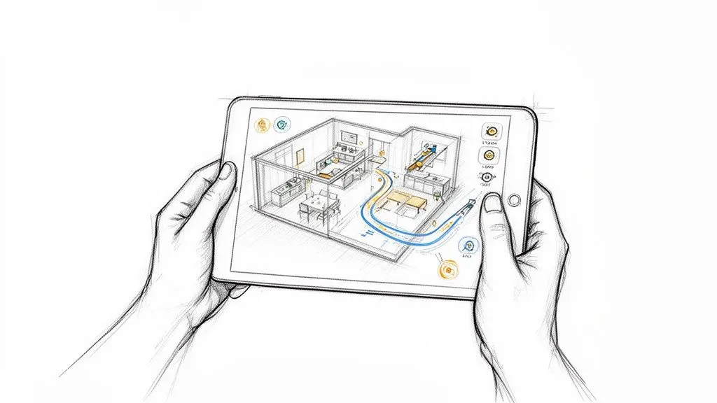 Mani tengono un tablet che mostra il progetto 3D di una casa con stanze e percorsi colorati, come un pianificatore di spazi.