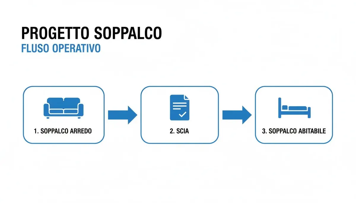 Diagramma di flusso che illustra le fasi operative per la realizzazione di un soppalco, dalla progettazione all'abitabilità.