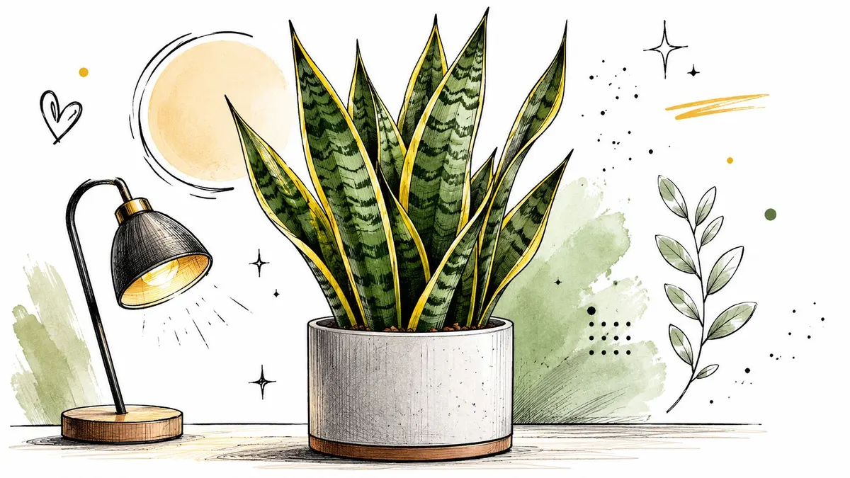 Illustrazione artistica di una pianta sansevieria in un vaso moderno vicino a una lampada da tavolo accesa