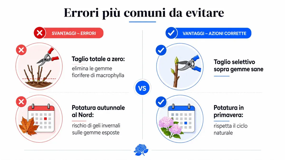 Infografica che confronta gli errori comuni e le pratiche corrette per la potatura delle ortensie in giardino.