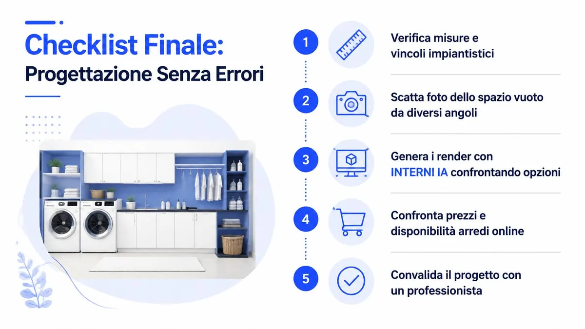 Una pratica lista di controllo illustrata per progettare una lavanderia domestica in modo efficiente e senza errori.