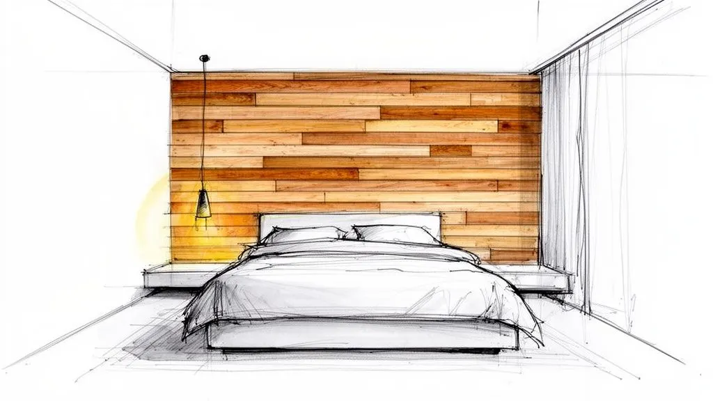 Illustrazione di design d'interni: camera da letto contemporanea con parete accentata in legno, letto e lampada a sospensione.