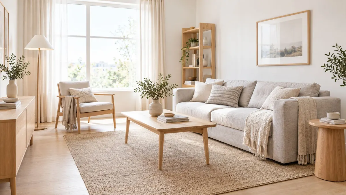 Un luminoso soggiorno in stile scandinavo con divano beige, tavolino in legno e ampie finestre con tende.