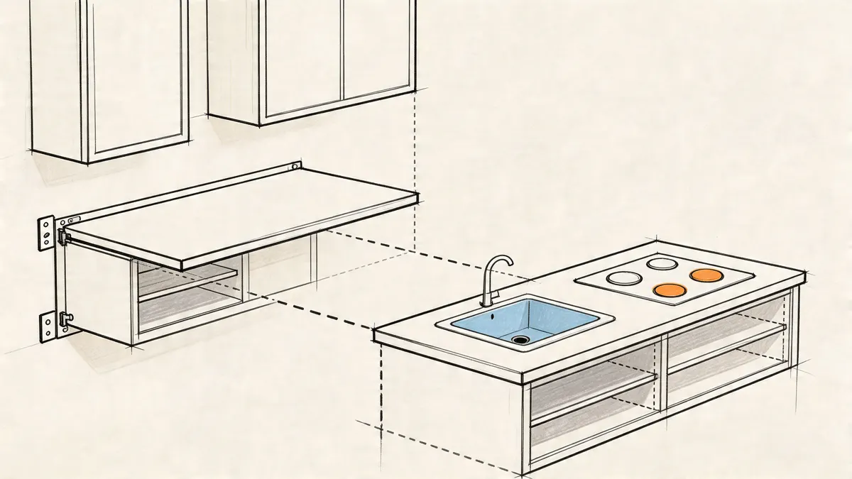 Disegno tecnico di una piccola cucina moderna con isola centrale, lavandino integrato e piano cottura elettrico.