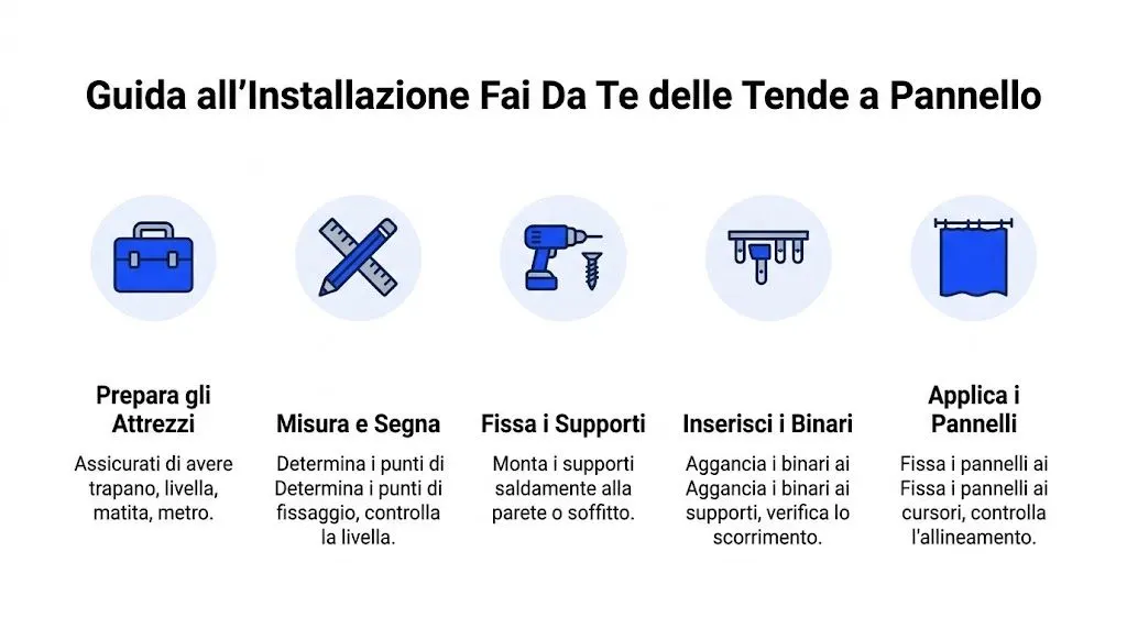Guida visiva in cinque passi su come installare tende a pannello fai da te in modo semplice.