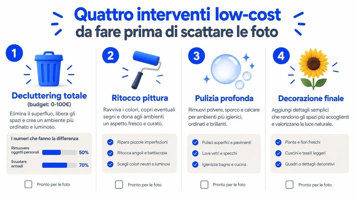 Infografica con quattro suggerimenti economici per preparare una casa alla vendita prima di scattare le fotografie.
