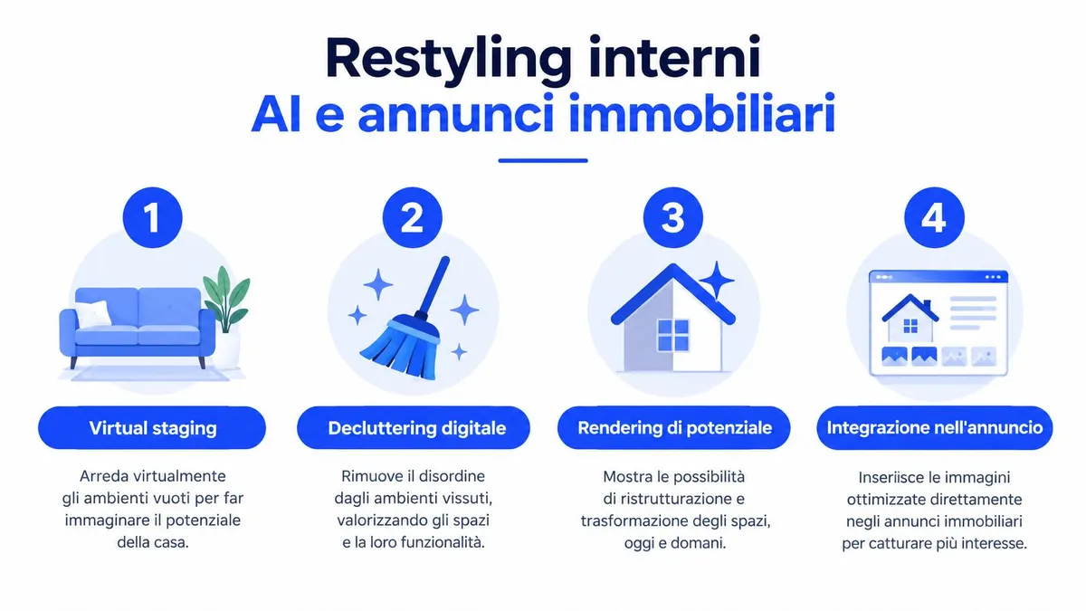 Infografica che illustra i quattro passaggi del restyling di interni basato sull'intelligenza artificiale per annunci immobiliari.