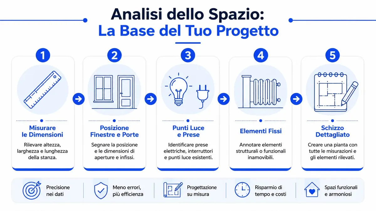 Infografica con cinque passaggi fondamentali per misurare e pianificare correttamente lo spazio di una stanza.