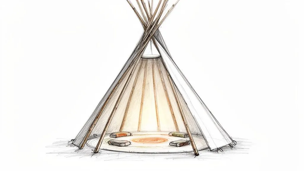 Schizzo dettagliato di una tenda tipi con luce interna calda e cuscini su un tappeto rotondo.