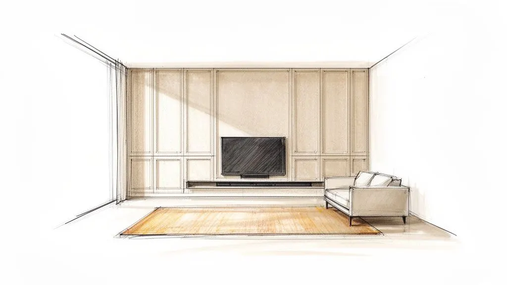 Schizzo artistico di un soggiorno moderno con boiserie, TV a schermo piatto, soundbar, divano elegante e un tappeto geometrico.