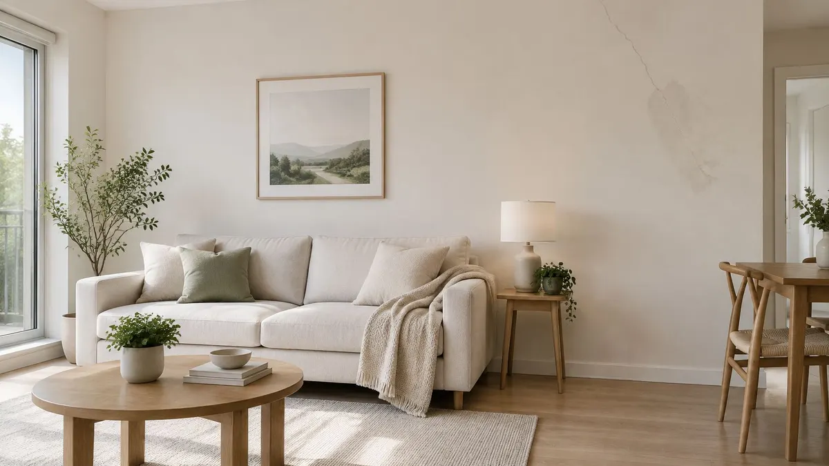 Un accogliente soggiorno moderno con un divano beige, tavolino in legno e una crepa visibile sul muro.