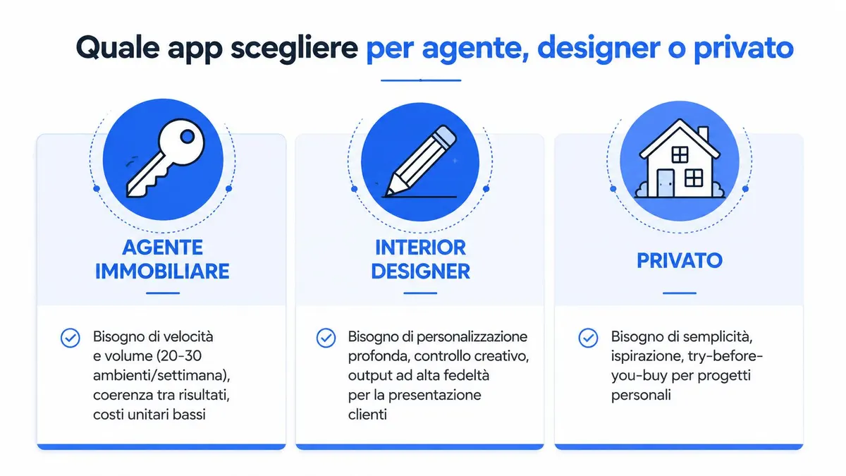 Infografica che confronta le esigenze di agenti immobiliari, interior designer e privati nella scelta di app arredamento.