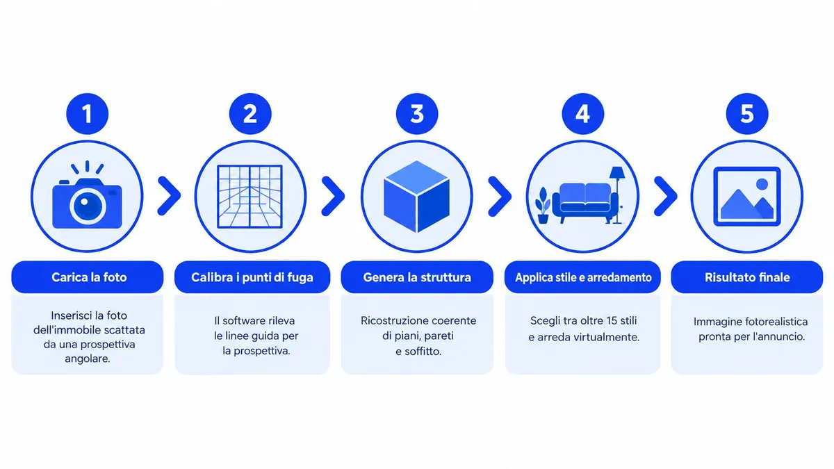 Infografica che illustra in cinque passaggi il funzionamento del processo di home staging virtuale per immobili.
