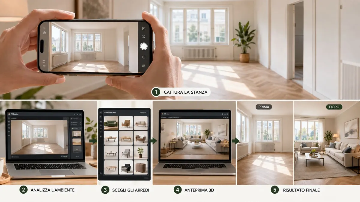 Una rappresentazione visiva dei passaggi per utilizzare un software di home staging basato sull'intelligenza artificiale.
