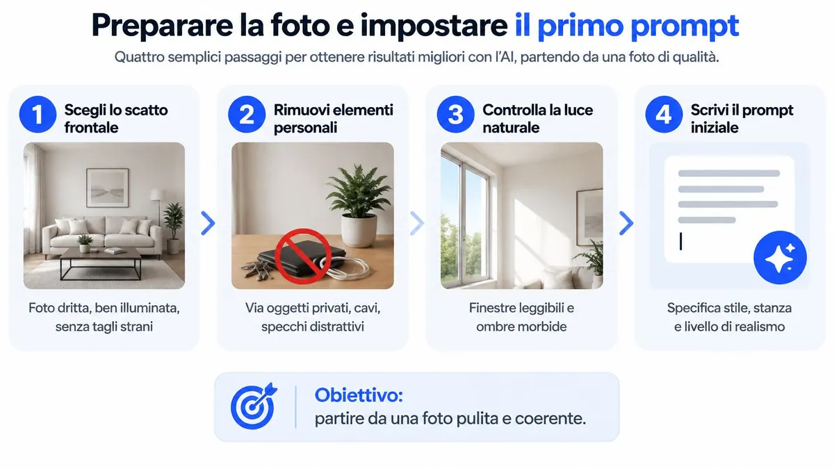 Infografica con quattro passaggi per preparare una foto perfetta da utilizzare con l'intelligenza artificiale per virtual staging.