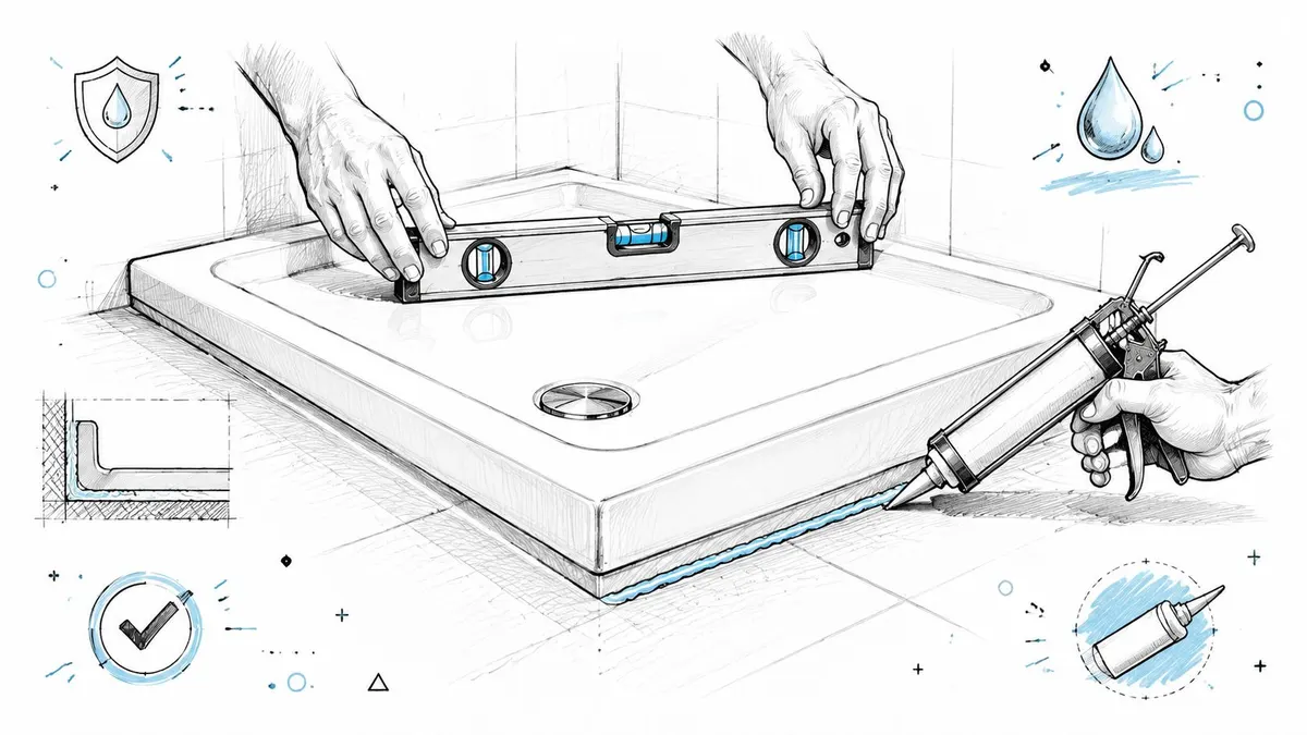 Un tecnico installa professionalmente un piatto doccia usando una livella a bolla e applicando sigillante siliconico impermeabile.