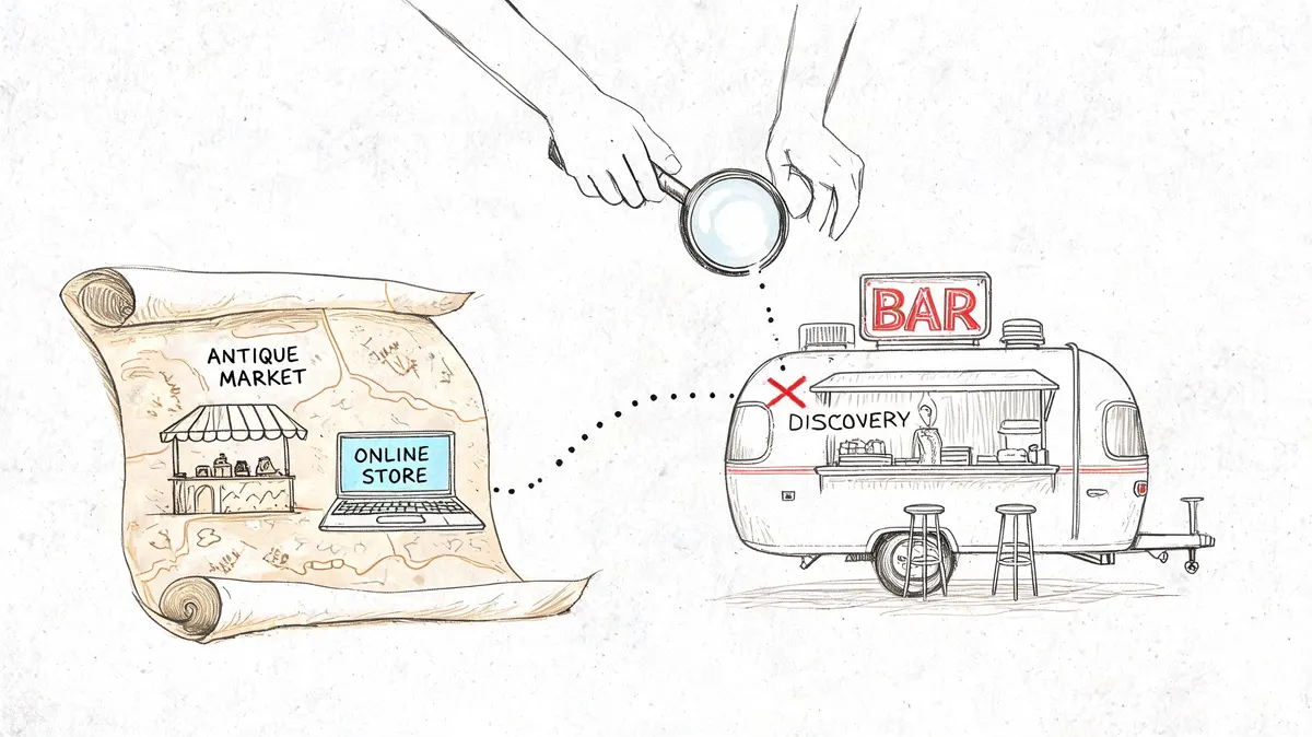 Illustrazione concettuale che collega mercatini di antiquariato e negozi online a un moderno servizio di mobile bar anni 50.