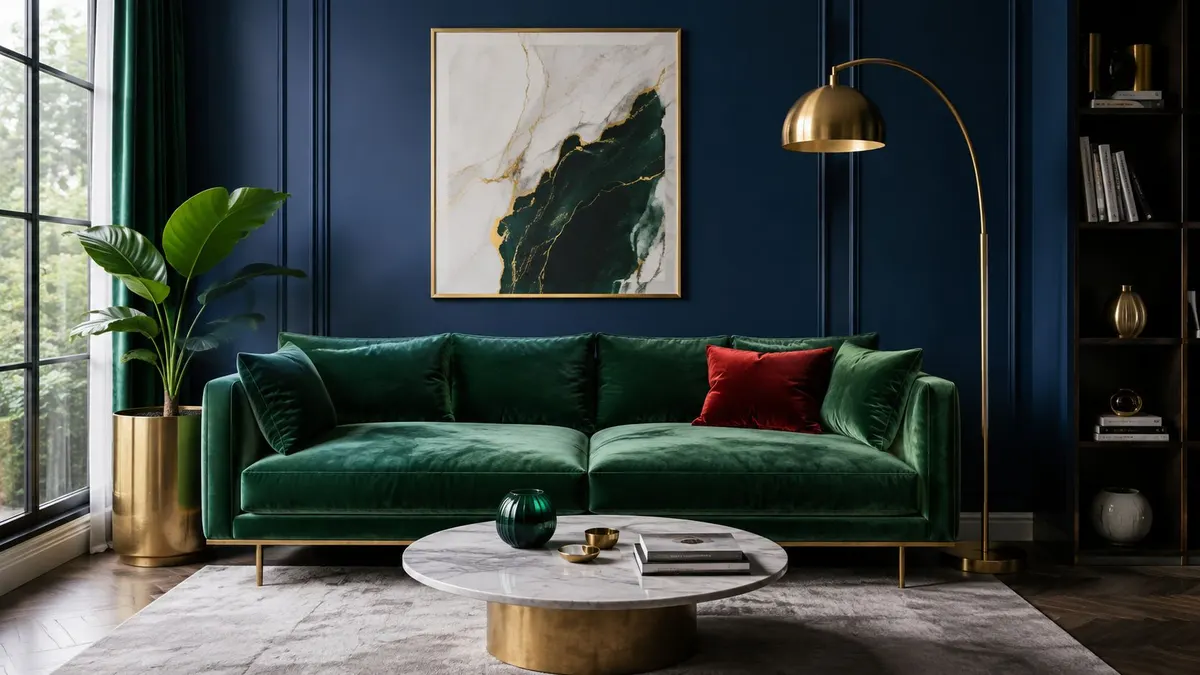 Soggiorno elegante con divano in velluto verde, parete blu profondo, opere d'arte astratte e dettagli in ottone.