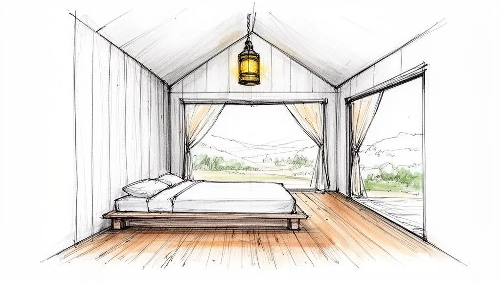 Schizzo di camera da letto con letto matrimoniale, lanterna sospesa e grande finestra panoramica su montagne.