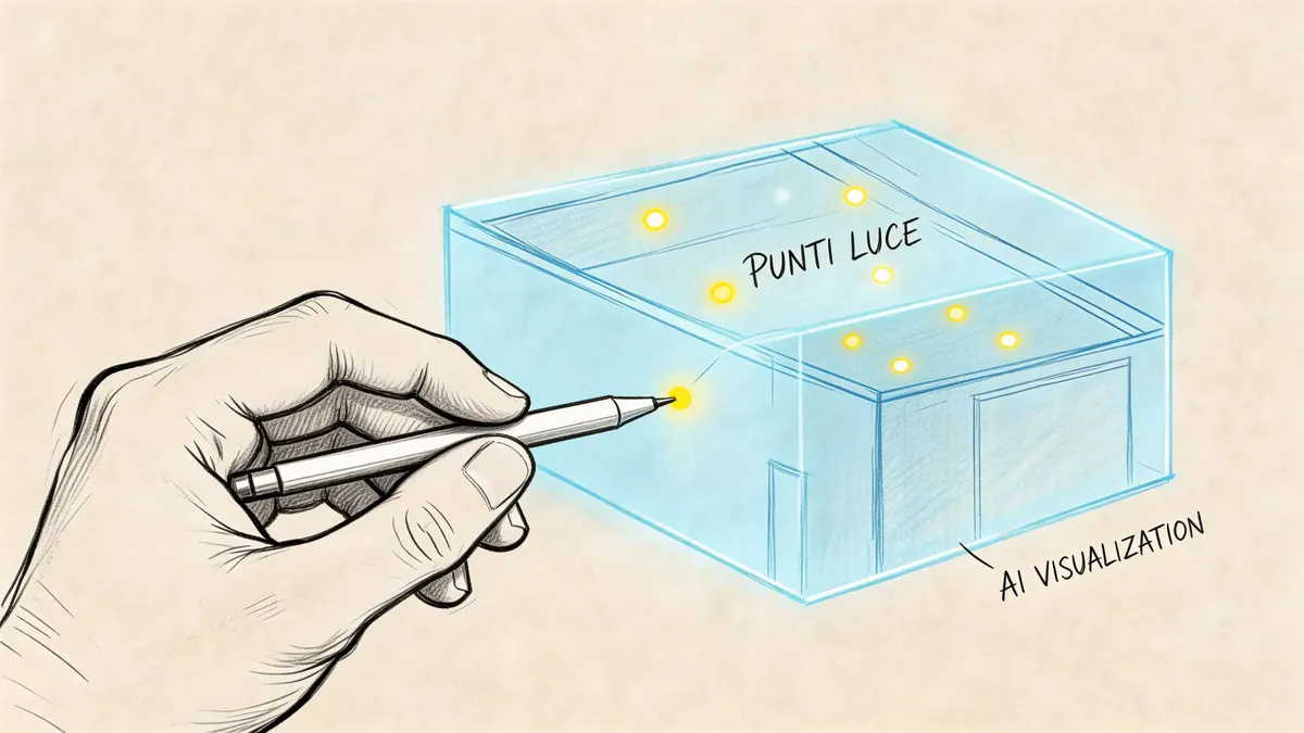 Una mano che disegna con una penna digitale su un modello tridimensionale di casa con punti luce.