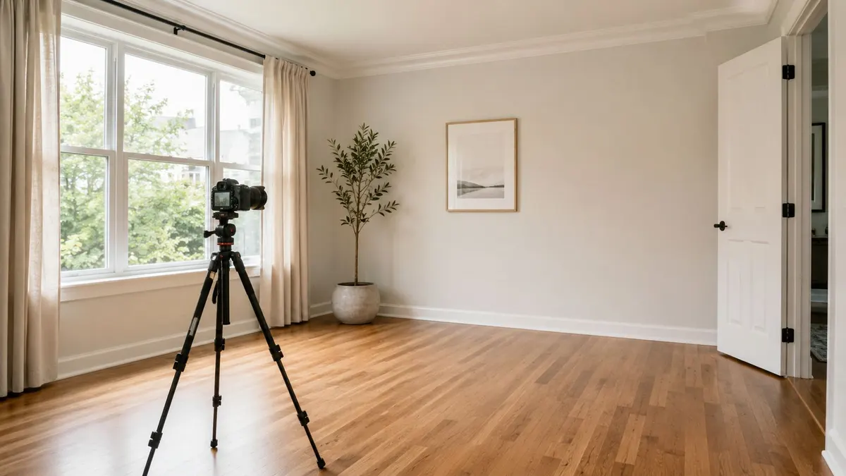 Una fotocamera professionale su treppiede in una stanza luminosa e vuota con pavimento in legno.