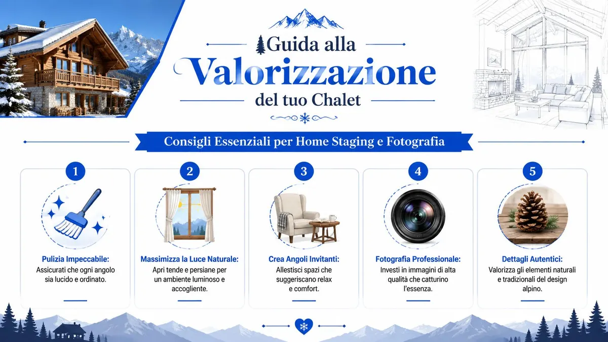 Una infografica che illustra cinque consigli essenziali per valorizzare il proprio chalet tramite home staging e fotografia.