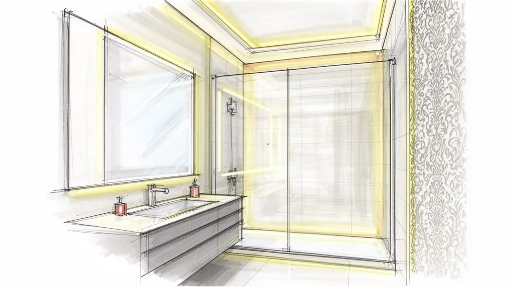 Schizzo di un bagno moderno con mobile lavabo, specchio illuminato e doccia con pareti in vetro, accentuato da luci gialle.