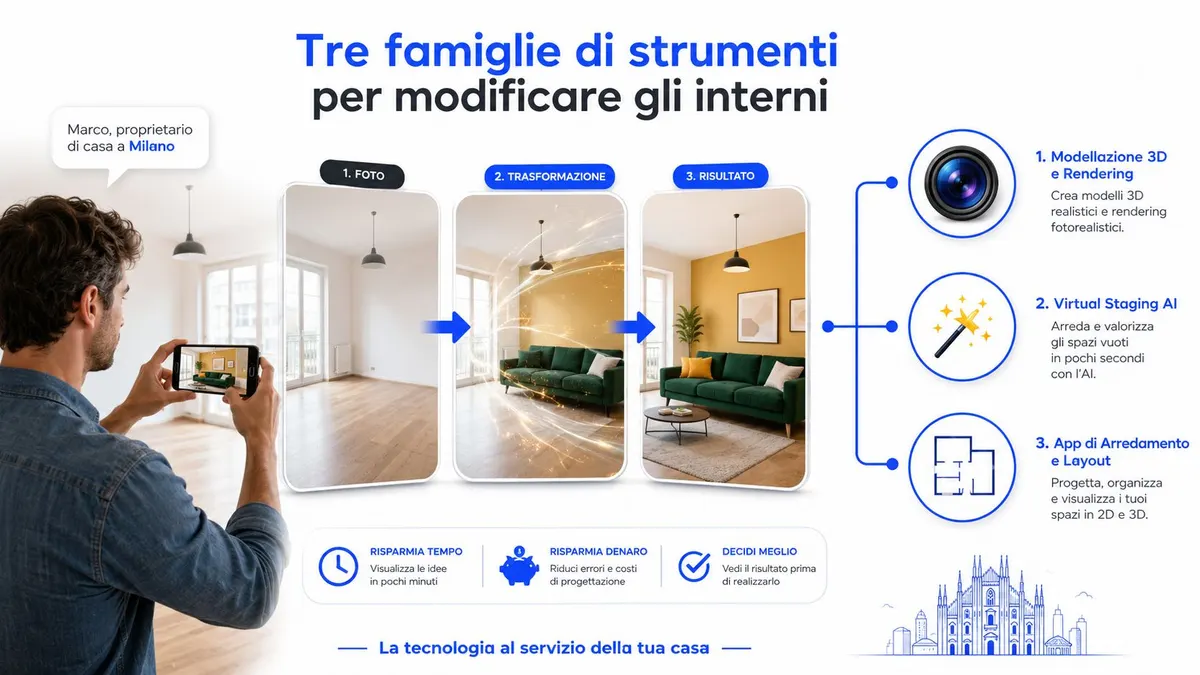 Un uomo usa il suo smartphone per visualizzare la trasformazione digitale di un interno domestico tramite app.