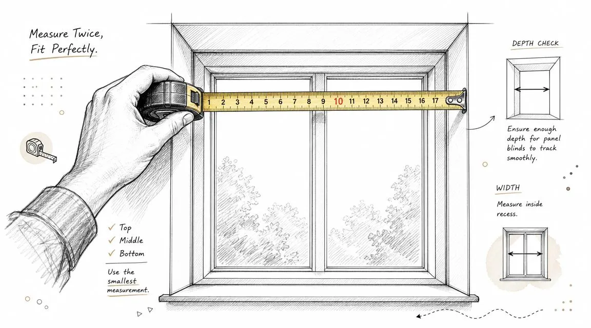 Illustrazione tecnica che mostra come misurare correttamente l'interno di una finestra per l'installazione di tende a pannello.