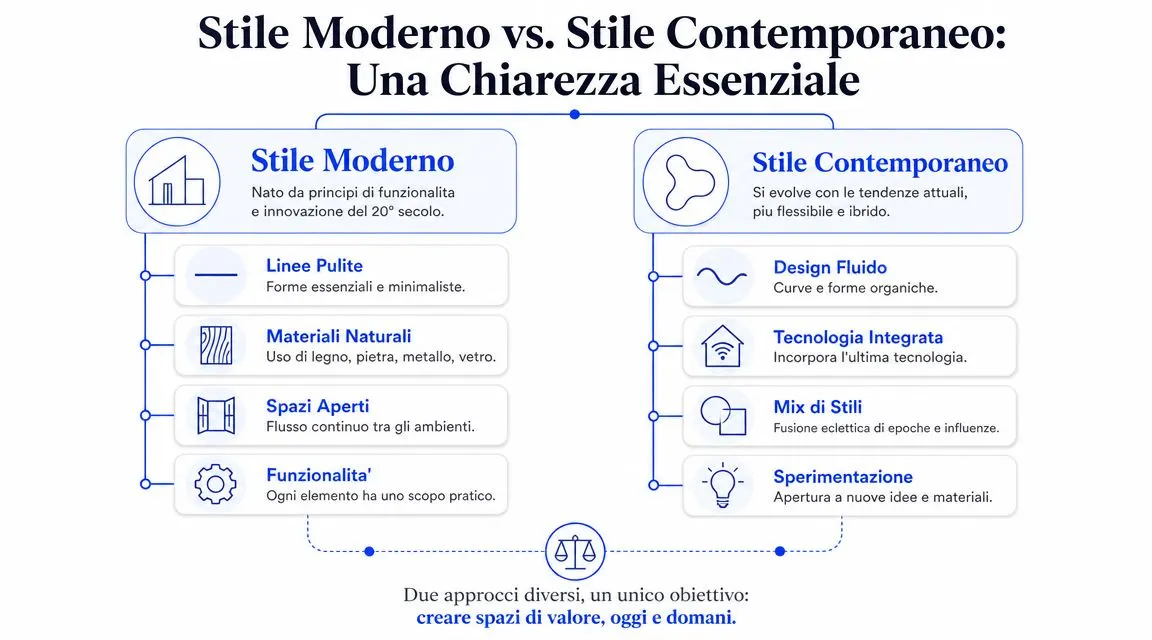 Infografica comparativa in italiano che illustra le principali differenze tra lo stile di arredamento moderno e contemporaneo.
