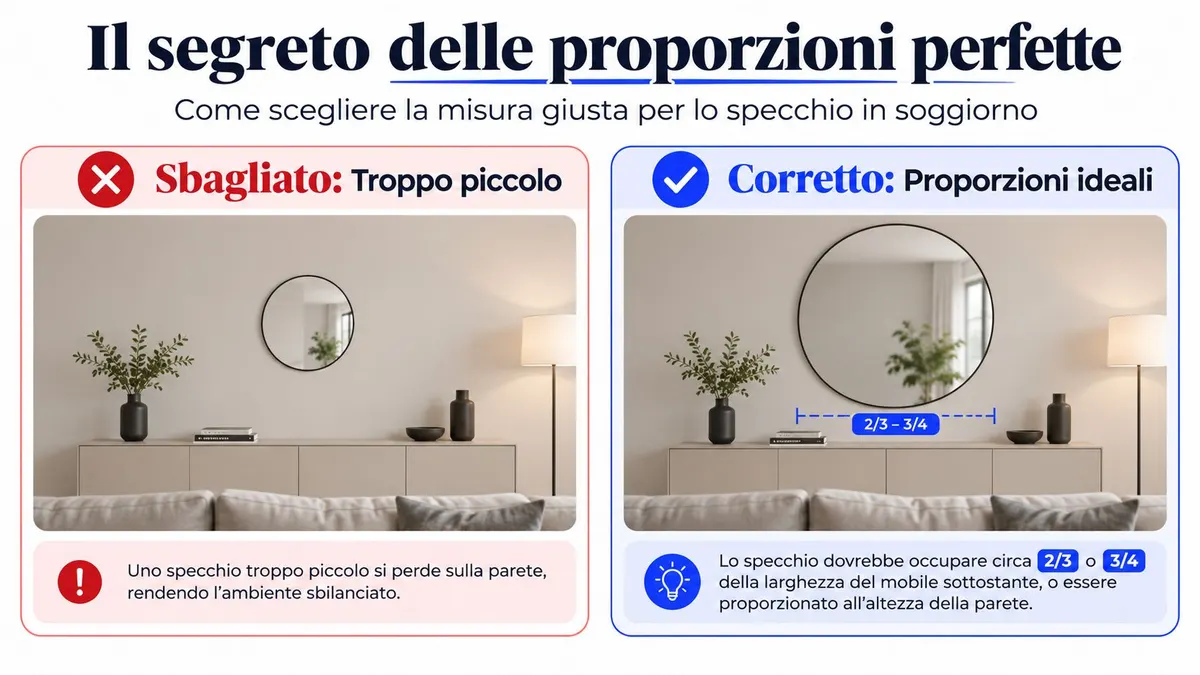Esempio grafico su come scegliere la dimensione ideale di uno specchio rotondo sopra un mobile in soggiorno.
