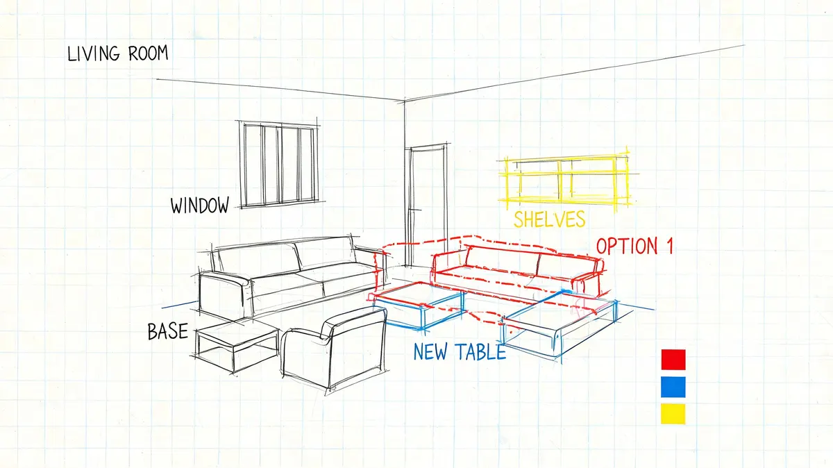 Uno schizzo progettuale su carta millimetrata che illustra diverse disposizioni di arredamento per un soggiorno moderno.