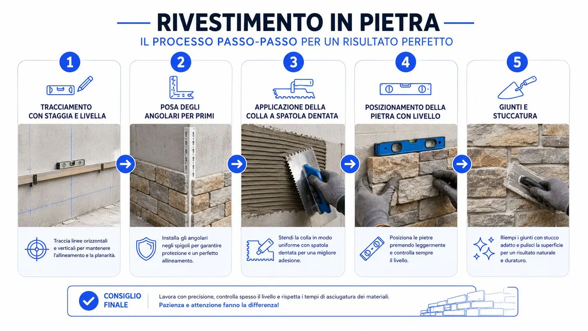Infografica che illustra il processo passo-passo per il corretto rivestimento di una parete in pietra naturale.